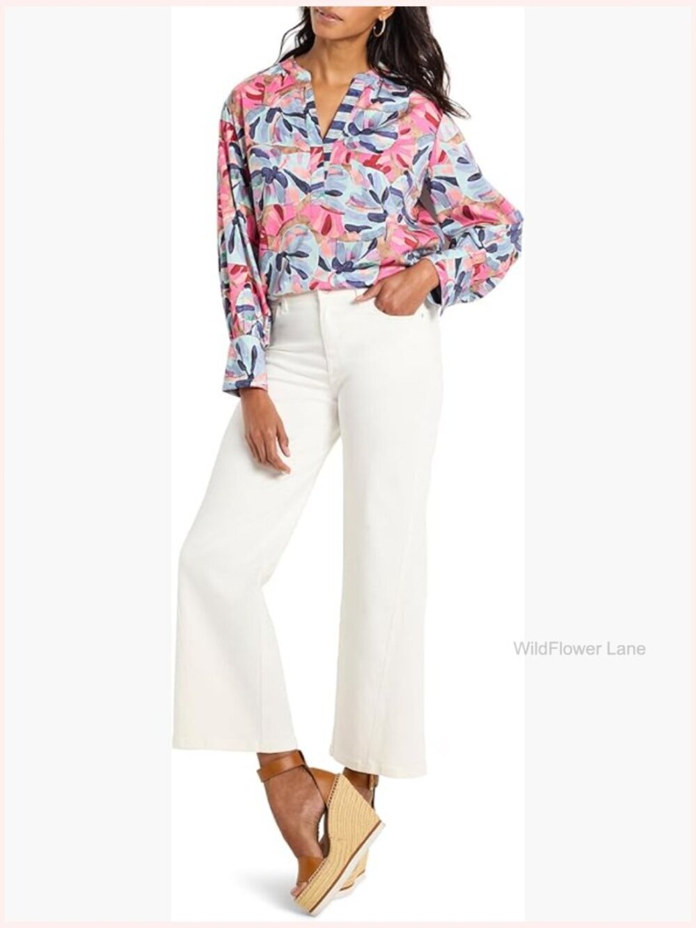 Printed Woven Pullover Blouse Long Sleeve Tunic Top Cotton Blend